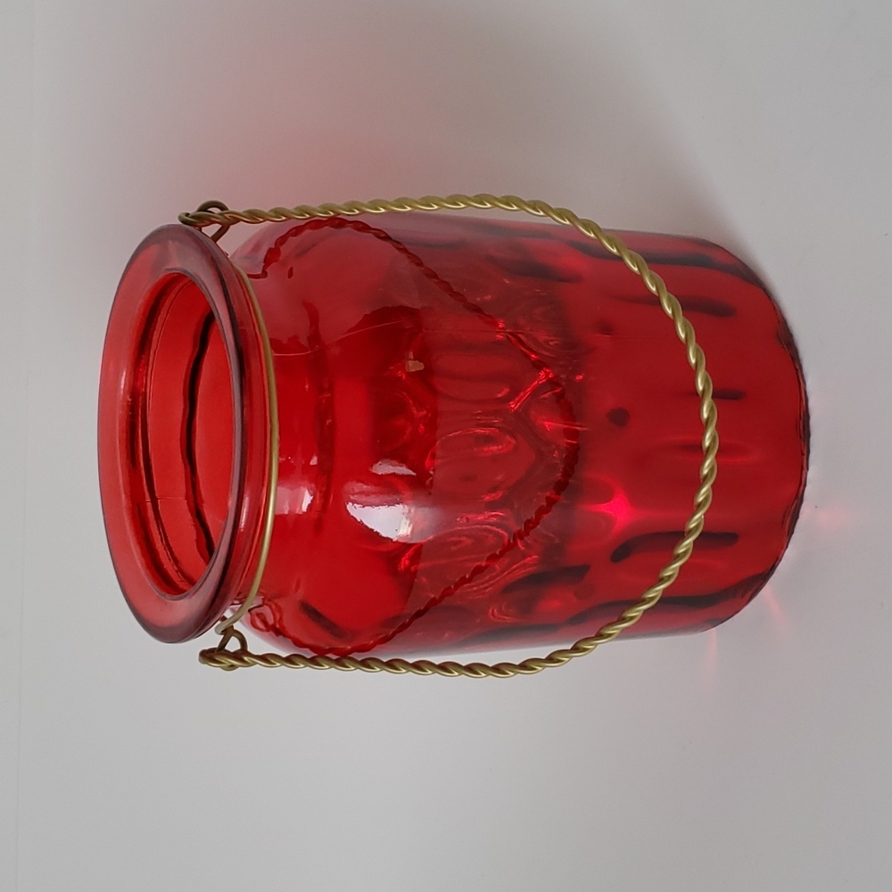 Red Empoli Optic Glass Metallic Candle Holder with Gold-Colored Wire Han…